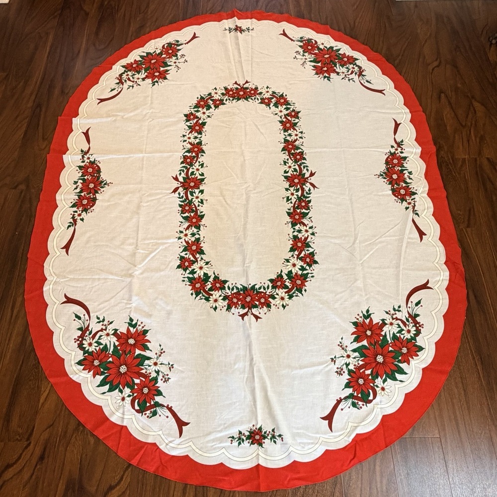 VTG Christmas Oval Tablecloth 62x82 Poinsettia Red White Holiday Retro Decor